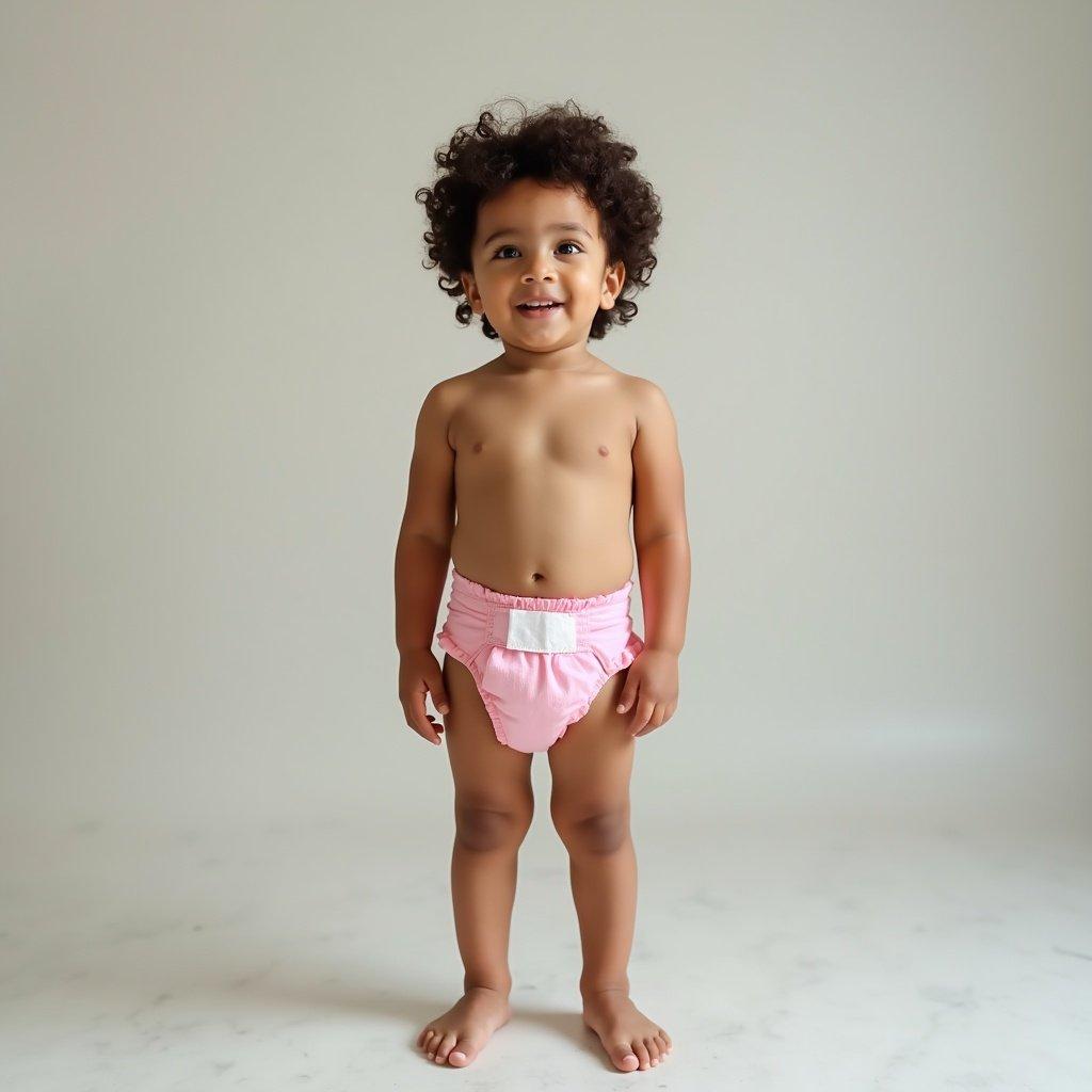 Child wearing a pink disposable diaper stands. The child is of average height for kids. The background is neutral and simple. The child's pose is natural and relaxed.