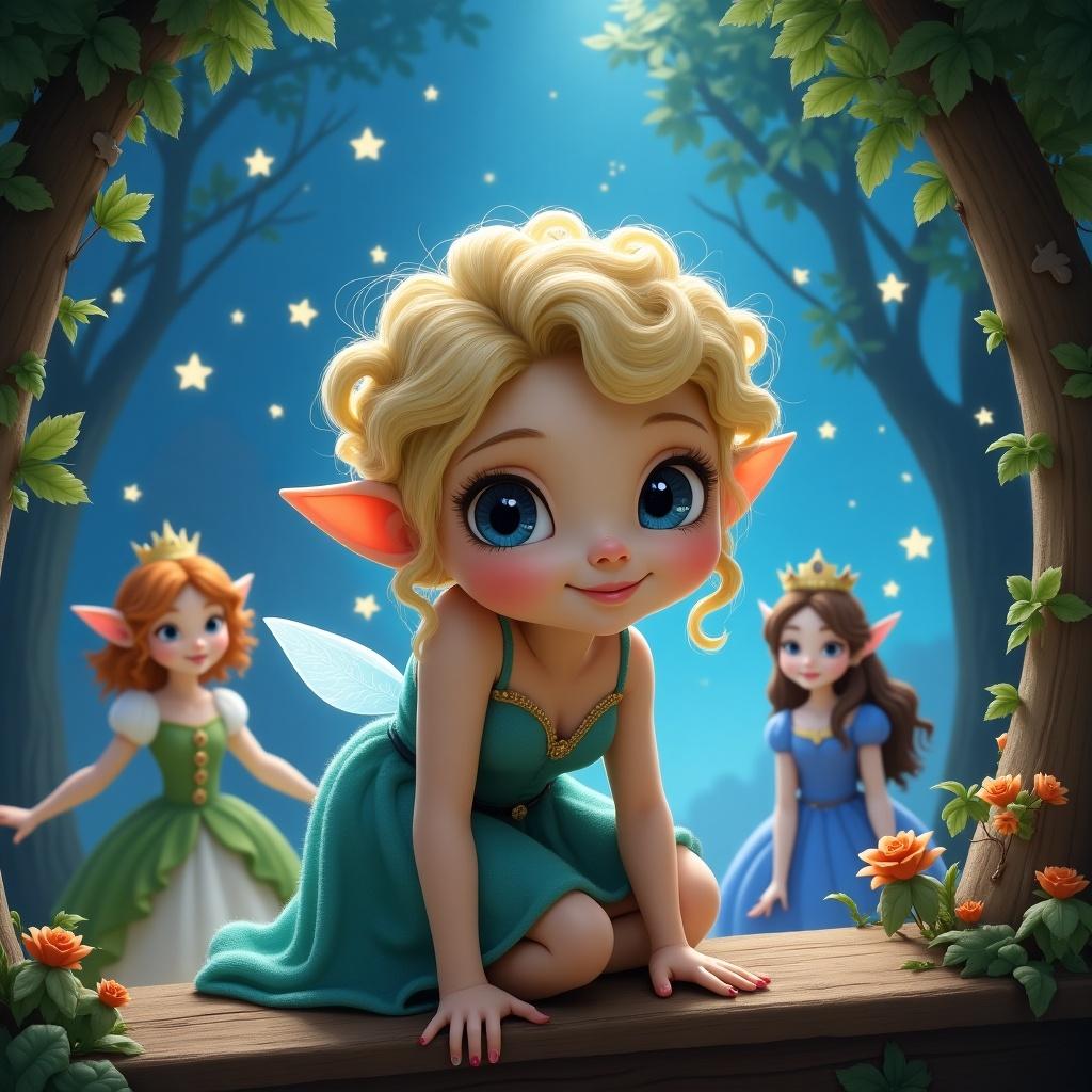 Create a picture featuring a little girl pixie elf named Ava-Rose. She has short, curly blonde hair and blue eyes, seated in a woodland setting at night. Other princesses are smiling nearby, surrounded by twinkling stars and soft glowing lights. The atmosphere is magical and whimsical, capturing the essence of childhood wonder. Use vibrant colors and enchanting details to bring the scene to life, focusing on the joy and friendship among the characters.