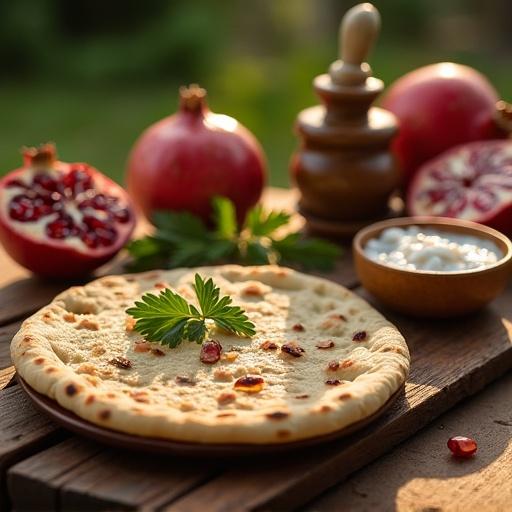 Vintage wooden table features an Armenian breakfast scene. Grilled flatbread sits on a rustic plate. Fresh herbs and pomegranate halves add color. Cured meats enhance the spread. Warm golden hour light creates a cozy atmosphere. Soft focus background highlights the spice jar.