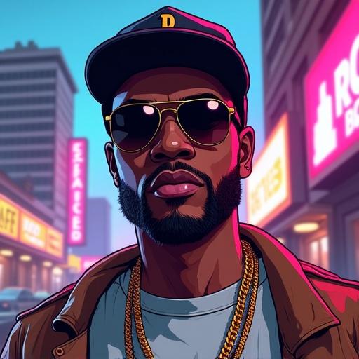 A confident Black male rapper depicted in the iconic Grand Theft Auto loading screen style. He wears urban streetwear. The background features a vibrant cityscape with neon lights and pastel colors. The art style includes bold outlines and dramatic shading. Studio lighting highlights his features and jewelry.