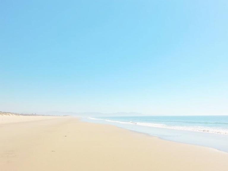 An empty beach with smooth sand and gentle waves under a clear sky. No people or objects present. Natural lighting creates a serene and minimalist atmosphere.