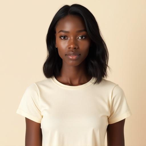 High resolution photorealistic portrait of a Black woman with medium-length hair wearing a cream T-shirt. The image is centered, showing the face and upper chest. Clean-shaven face with natural skin texture. Neutral expression, full lips, prominent cheekbones, rounded nose, and dark eyes. Well-lit with soft lighting and a solid background.