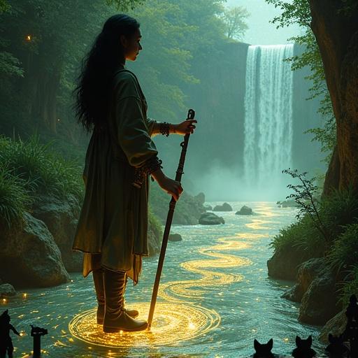 Transparent silhouette of black-haired mage-woman in leather doublet wielding scepter casting wind magic over river near waterfall. Mother-of-pearl sheet with patterns featuring tiger, guard, spaceship, dragon, face with scroll, startled cat. Side-view portrait with cosmic elements, cinematic lighting, detailed.