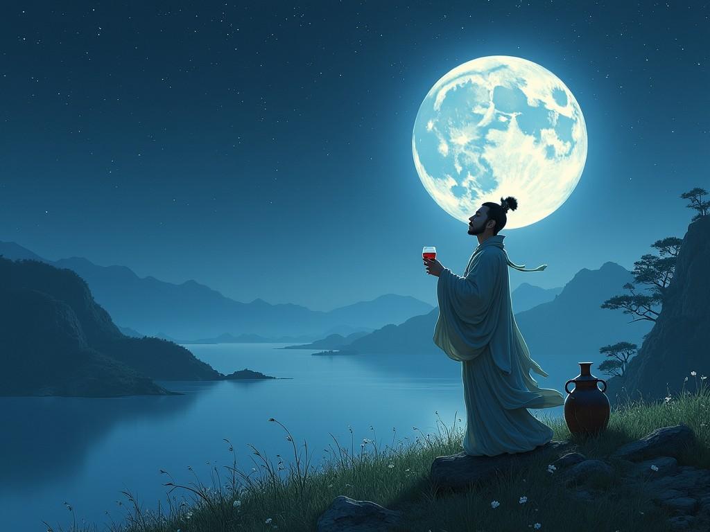 A serene figure stands upon a grassy hill, holding a cup and gazing at a luminous full moon. The night sky is painted in hues of blue and black, casting a tranquil atmosphere. Surrounding mountains create a mysterious backdrop, while a gentle body of water reflects the moonlight. The character is adorned in traditional attire, symbolizing calm and contemplation. This artwork invites viewers to experience a moment of peace and introspection under the vast night sky.