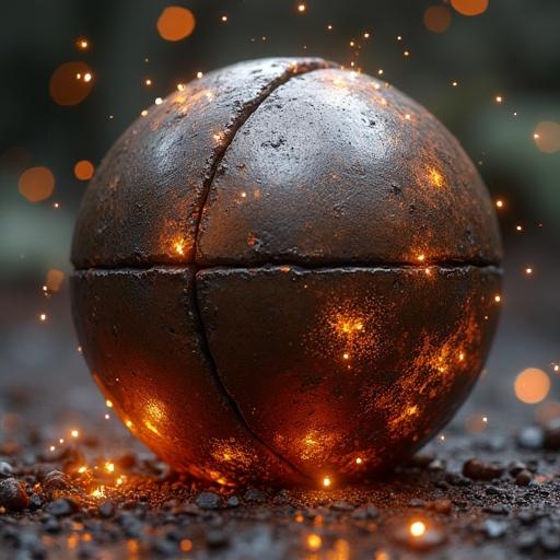 Iron balls merge into each other. Glowing sparks and molten texture displayed. Dark setting with vibrant colors highlighting the metal surface.