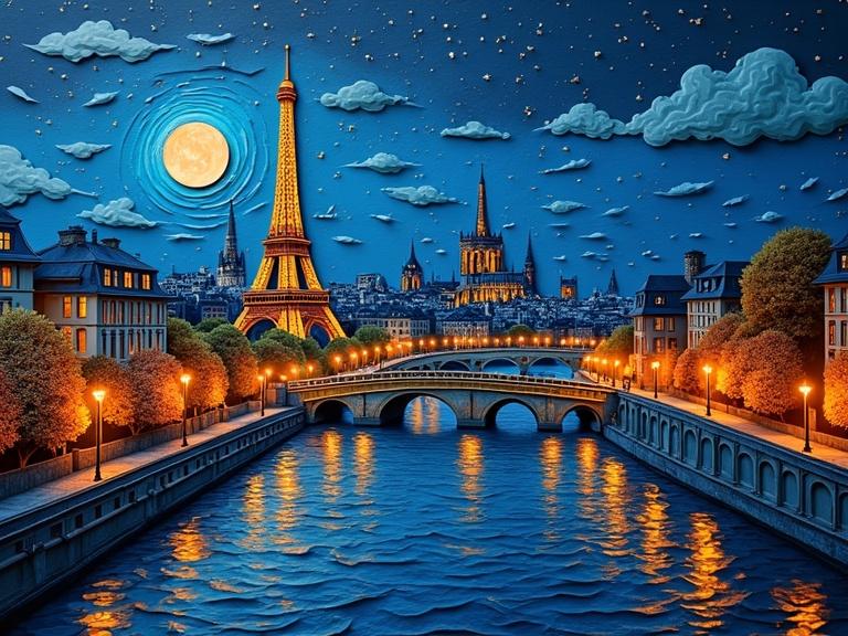 3D origami style paper folds capture Paris skyline at night. Detailed vibrant cityscape showcases Eiffel Tower and Notre Dame Cathedral. Reflective river surface enhanced by streetlights' glow. Full moon illuminates the scene under a starry sky. Thick layered paper texture adds depth.