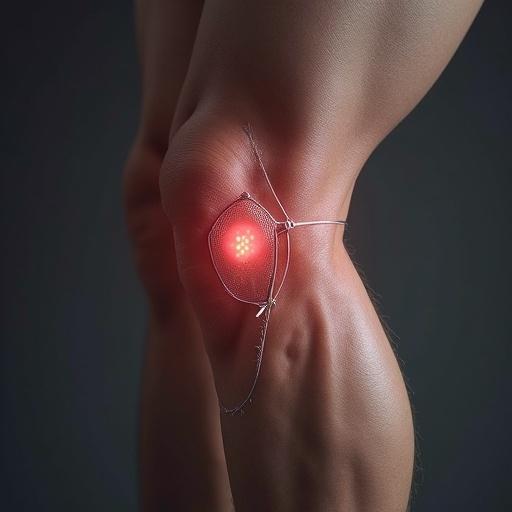 Close-up image of a knee with a red illuminated medical device attached. The device is secured with thin wires on the knee joint. The skin tone is visible along with the metallic elements of the device.