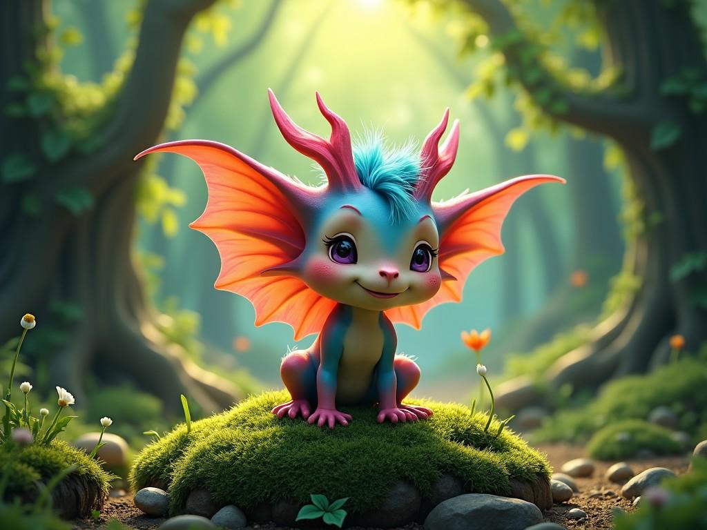 A cute, colorful dragon-like creature sitting on moss in an enchanted forest, bathed in soft sunlight, with flowers and trees in the background.