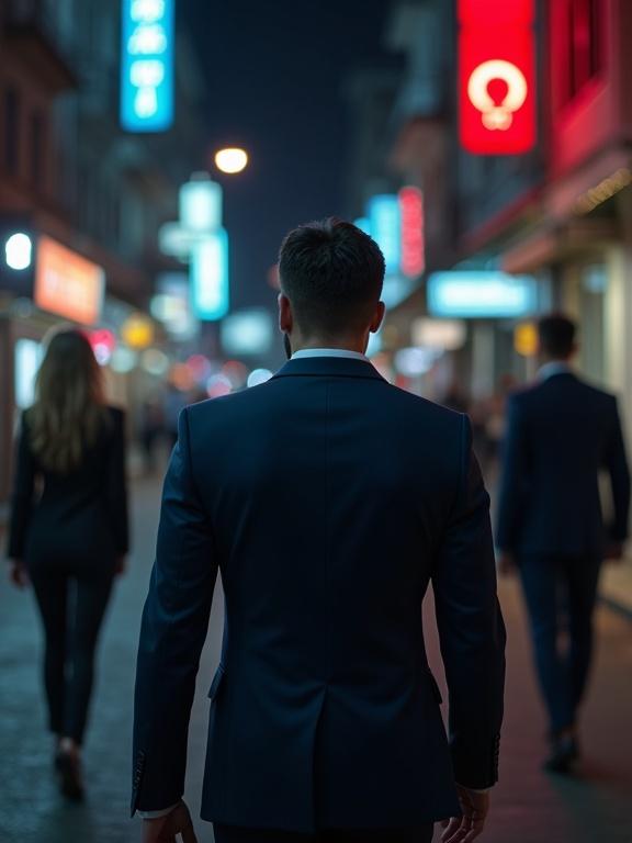 Photorealistic representation of a 25-year-old man dressed in a dark blue suit. The scene takes place in Recife at night, showcasing a Brazilian street illuminated by vibrant neon lights. Resulting contrasts create a captivating and moody atmosphere. The setting maintains a gritty feel, focusing on a tall slim blond woman along with two tall slim men moving away from the camera effectively.
