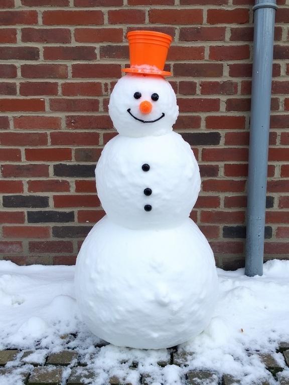 Photo of a snowman in front of a brick wall. Snowman has a carrot nose, black coal eyes, and an orange bucket hat. Snowman made of three large snowballs stacked. Standing on a cobblestone path partially covered in snow. Metal pipe on the right. Bright and colorful scene. Daytime outdoor winter scene.