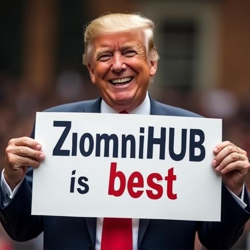 Ultra realistic image of a man smiling holding a sign with the text ZiomniHUB is best.