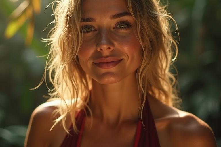 Close-up photograph of a woman. Her face shows awe and satisfaction with a slight smile. Hair is tousled, some strands on her forehead. Warm golden light reflects in her eyes. Background is a blurred jungle with hints of treasure. She has golden hair and glowing skin. Wearing a tight dark red crop top with a center cut and cutoff shorts. Stylish muddy boots. High detail on skin textures with warm cinematic grading.