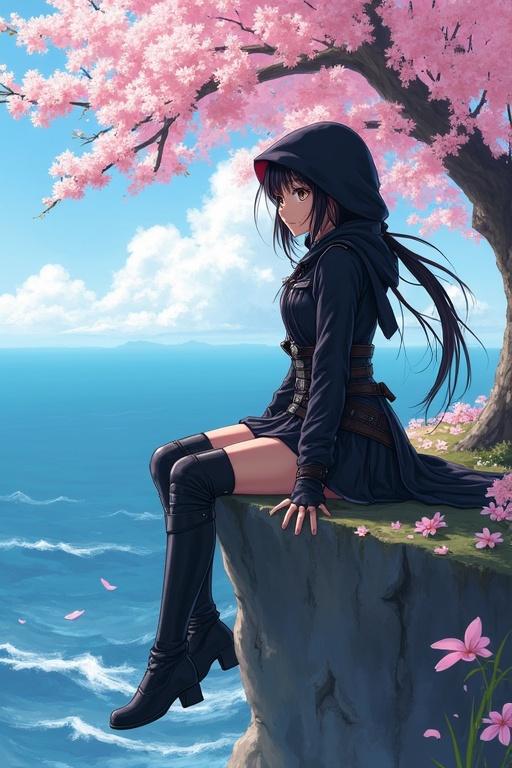 Anime style illustration of a young woman with long black hair styled in pigtails wearing a hooded outfit. She sits on a cliff in a cherry grove overlooking the sea. The scene is serene and dreamlike with a clear blue sky.