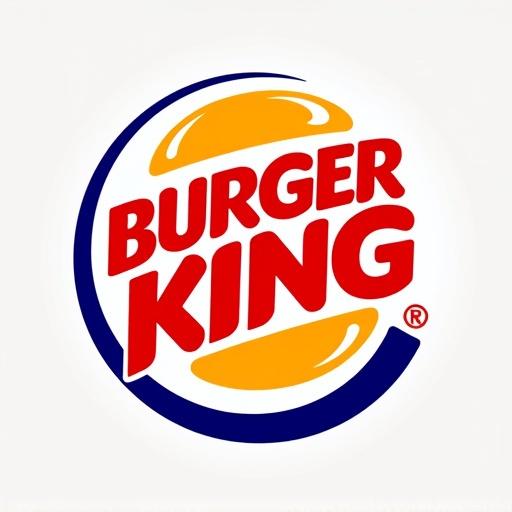 Logo of Burger King featuring bold red letters and stylized burger graphic. It includes yellow and blue elements in a circular design.