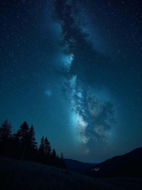 Scene captures a deep starry night sky featuring visible Milky Way. The landscape below includes silhouettes of trees and distant mountains. The atmosphere conveys feelings of awe and vastness. The image is a long exposure, highlighting the details and brilliance of the stars. Photographed in a realistic style on 35mm film.