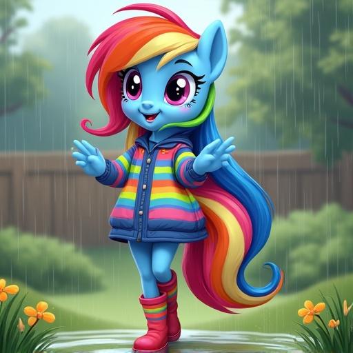 A cartoon girl doing a rain dance in her garden. She has rainbow-colored hair. She's wearing a colorful striped waterproof jacket. Her pants and wellies match the jacket. It's a rainy day with flowers in the background.