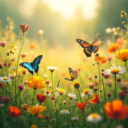 A vibrant field filled with wildflowers under warm sunlight. Flowers bloom in various shapes and sizes like daisies and poppies. Colorful butterflies sip nectar among the flowers. Juicy red berries are scattered throughout the field. A shallow depth of field focuses on the flowers and butterflies in the foreground with a blurred background of colors. Soft, diffused light creates a dreamy atmosphere.