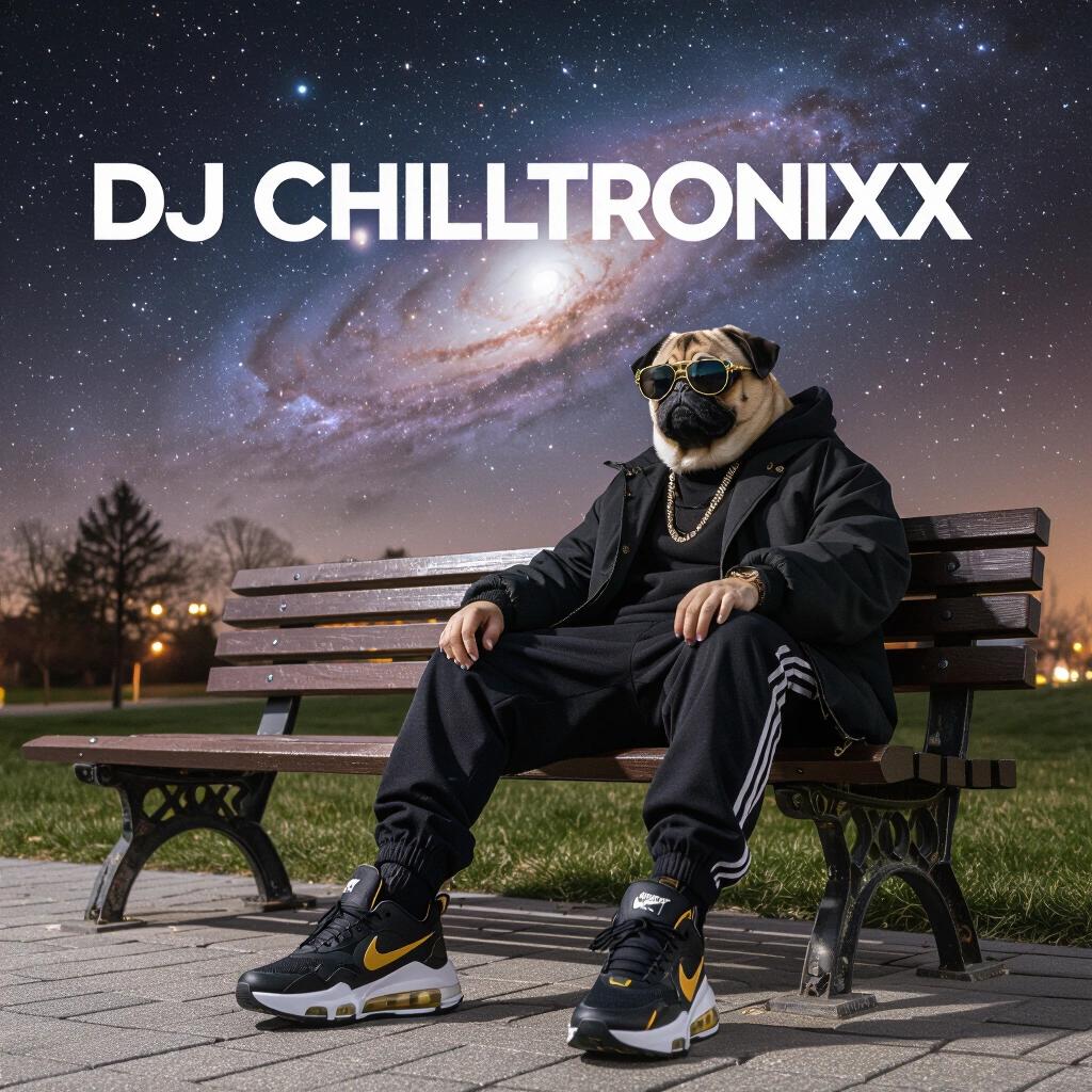 Raw photo at night features a pug person in stylish clothes. Wearing black and gold Nike Air Max 2025. Sitting casually on a park bench. Background showcases a dark nebula sky. Text reads DJ Chilltronixx. Artistic album cover design.
