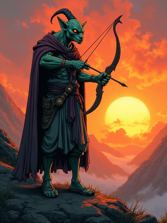 Hand-drawn comic book style goblin sorcerer with crossbow standing on mountain at sunset. The character has realistic proportions and vibrant colors. Background features mountains and dramatic clouds. Shadows are flat and lighting is sunset-inspired.