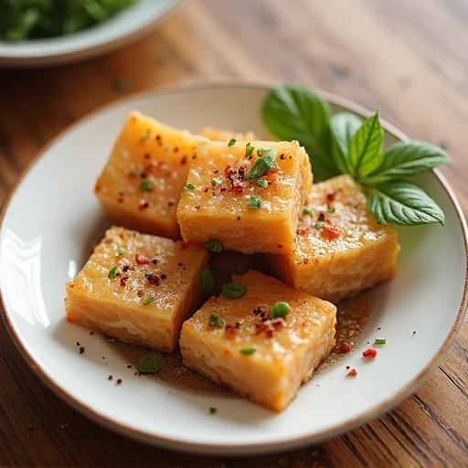 Slices of a yellow dessert arranged on a white plate with garnish
