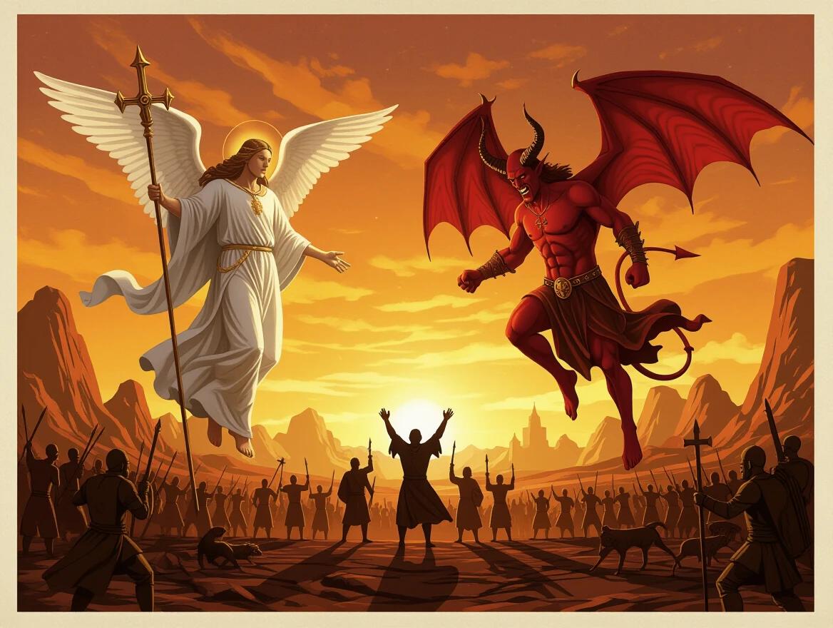 An illustration depicts an angel and a devil descending to Earth during Armageddon. The angel appears majestic with white wings and a staff. The devil is fierce with red skin and horns. In the background, an audience witnesses the confrontation. The sky glows with orange and gold hues. Mountains stand in silhouette against the vibrant sunset.