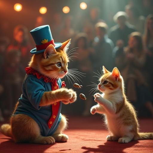 An older orange tabby cat dressed as a clown interacts with a calico kitten in a circus setting. Spotlights illuminate the scene while a crowd watches. The tabby teaches the kitten to juggle small mice. Captivating and fun atmosphere highlighted by their colorful costumes.