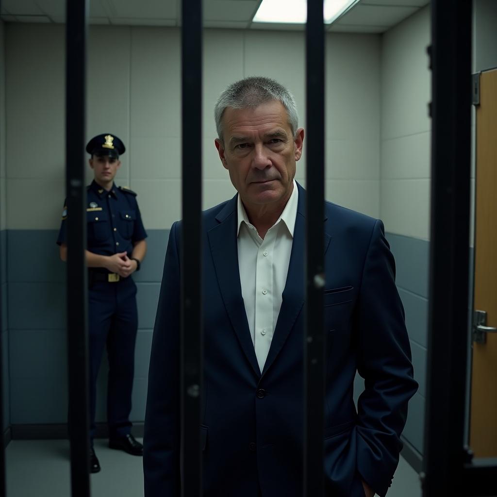 Middle-aged man stands inside jail cell in French police station. He wears navy blue suit and white shirt. Iron bars are visible. French police officer in uniform stands outside. Environment realistic with gray walls and cold lighting.