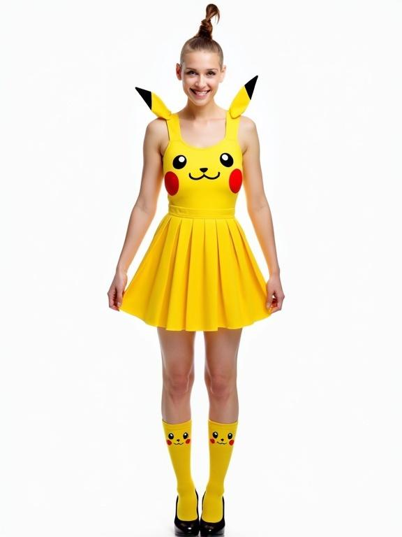 Photograph of a woman in a yellow Pikachu dress and socks. Dress features Pikachu face, black-tipped ears as straps. Woman has a mohawk hairstyle. She is smiling and holding her skirt. Background is white. Even lighting. High-quality and vibrant colors.