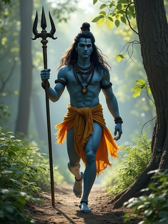 Shiva strides through a dense forest holding a trident. The figure has a strong, muscular build and wears an orange cloth draped around the waist. Surrounded by greenery and light filtering through trees.