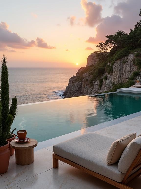 Luxury infinity pool area overlooking beautiful coastal cliffside during sunset. Rectangular pool with deep blue-green water blends with ocean due to infinity edge. Smooth marble deck in light colors. Cozy outdoor sofa with beige cushions. Wooden table holds coffee cup with smoke. Potted plants including spiky green plant in terracotta pot. Rocky cliff features greenery and pine trees. Setting sun casts golden-orange hues over water and sky with pink and purple clouds. Overall ambiance is serene and elegant.