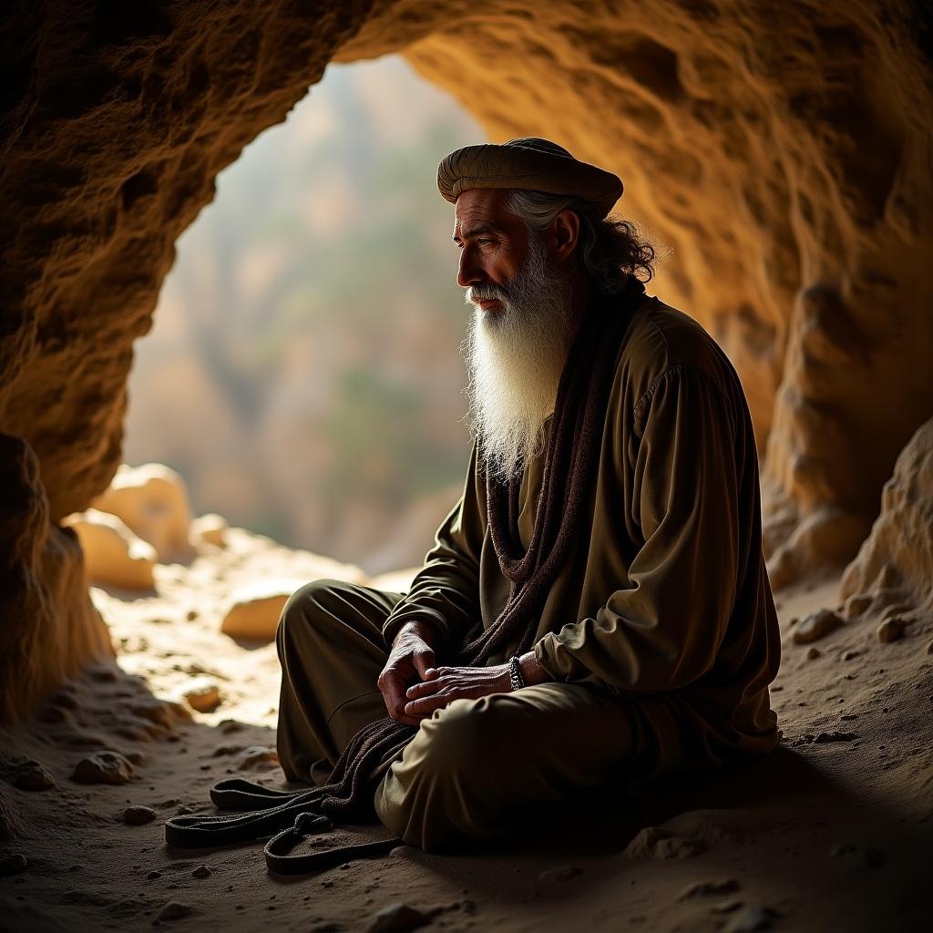 Sufi master meditating in a cave wearing good clothes. Master has a long beard and serious expression. Cave has soft, natural light coming through it. Earthy tones dominate the scene.