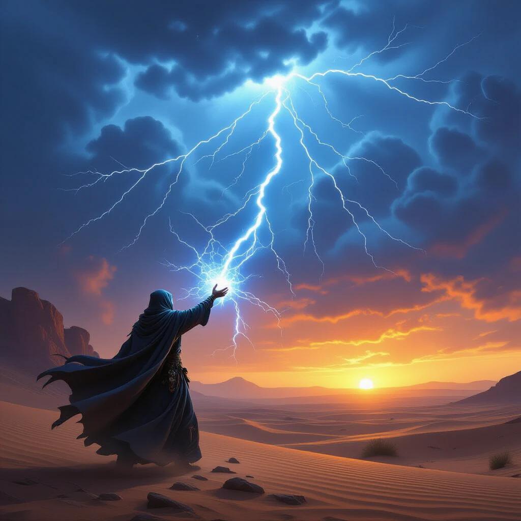 A mage in a dark cloak stands in the desert. He reaches out to summon a lightning storm. The sky is filled with dark clouds and bright lightning strikes. The sun sets on the horizon, casting vibrant colors across the landscape.