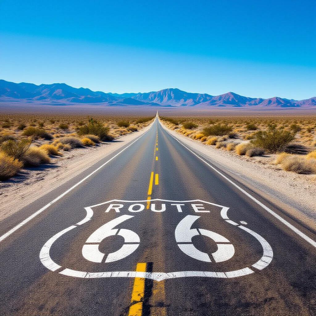 Stretching highway with a prominent Route 66 sign in the Mojave Desert. Captivating view of a long road with mountains in the background. Bright blue sky above a vast landscape. Desert vegetation along the roadside.