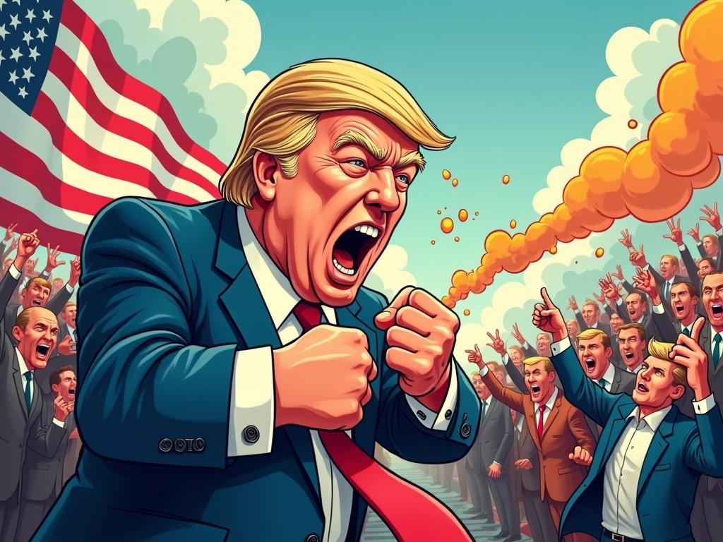 This illustration depicts a charismatic leader energetically shouting with a passionate crowd in the background. The scene is vibrant and dynamic, with the leader at the forefront, fists clenched, while a flag symbolizing patriotism unfurls dramatically behind. The crowd echoes his fervor, gesturing excitedly towards him, creating an animated and intense atmosphere.