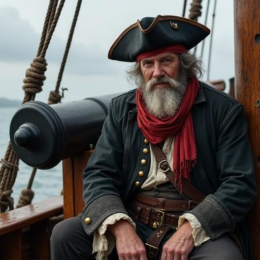 An English pirate sits on the ship's deck. Wearing a tricorn hat and a red neck scarf. Unshaven, without a beard. Seated near a cannon. Historical maritime theme.