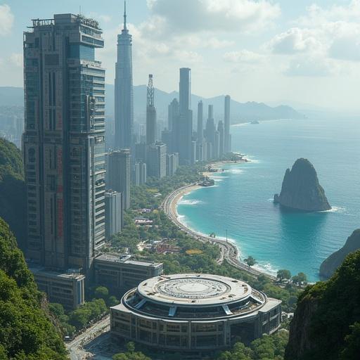 Sci fi city by the coast inspired by Freelancer video game. Realistic depiction of futuristic skyscrapers with Japanese architecture. A landing pad on a rooftop with a taller skyscraper connected. Midground filled with skyscrapers, some have solar panel sails. A large park featuring Japanese gardens. Ocean with karsts in the background and beaches.