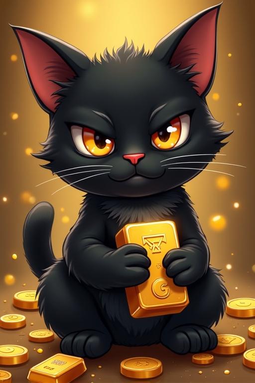 Serious looking black cat in cartoon style. Cat holds gold bars surrounded by silver coins. Bright background emphasizes wealth.