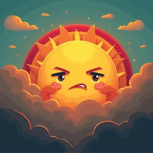 A grumpy sun character emerges from behind clouds. The sun has a frowning expression with furrowed brows. The rainbow below has displeased features. Background includes soft clouds and a bright sky backdrop.