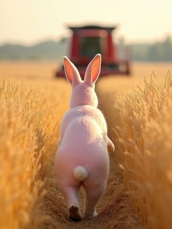 Human-sized pink white rabbit seen from behind walking through golden wheat field toward red combine harvester in distance. Rabbit's back faces camera showcasing soft fur and upright ears. Scene bathed in warm sunlight. Rabbit's whimsical presence enhances magical atmosphere.