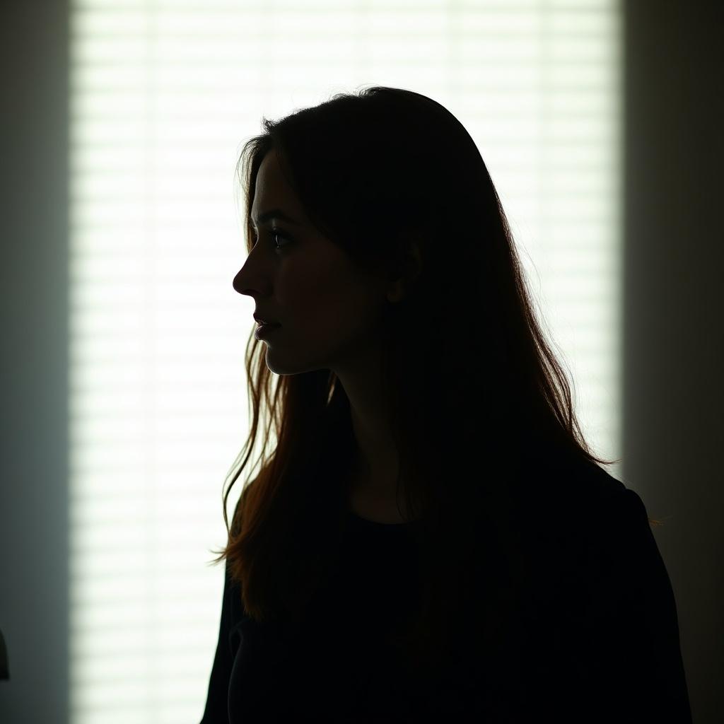 Image depicts silhouette of a woman with long hair. She faces forward against a light white background. Light creates contrast, showcasing contours of the face and neck. Strong light beams penetrate darkness. Creates a dramatic, mysterious atmosphere.