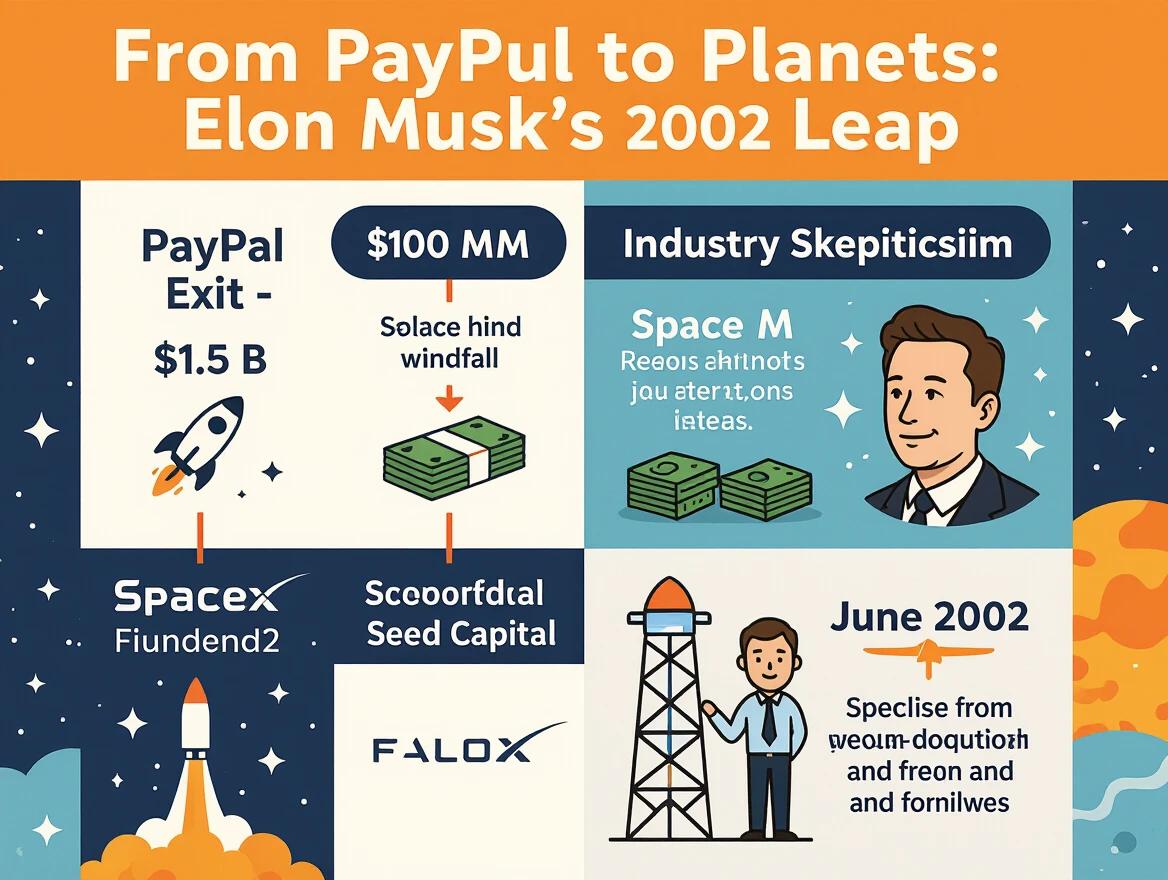 Infographic titled ‘From PayPal to Planets: Elon Musk’s 2002 Leap’. Four stages depict Musk's journey in tech. Illustrations include a rocket, seed capital, skepticism, and SpaceX founding. Blue color scheme with bold icons and minimal text throughout.