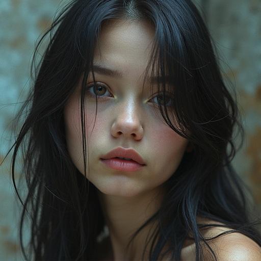 A close-up portrait of a person with long dark hair. Hair flows gently around the face. The background has a soft focus. Lighting is soft and diffused with warm tones. Emphasizes natural beauty and hair texture.