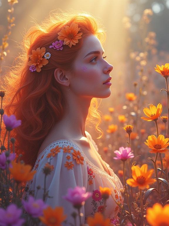 A woman with red hair surrounded by flowers in a field. Soft sunlight creates a dreamy atmosphere. The scene features orange and purple flowers, capturing a romantic feel.