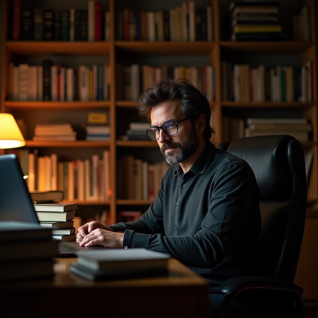 A father is working in a home office surrounded by books. A lamp provides warm light. The atmosphere is calm and focused. The man uses a laptop seated at a wooden desk.