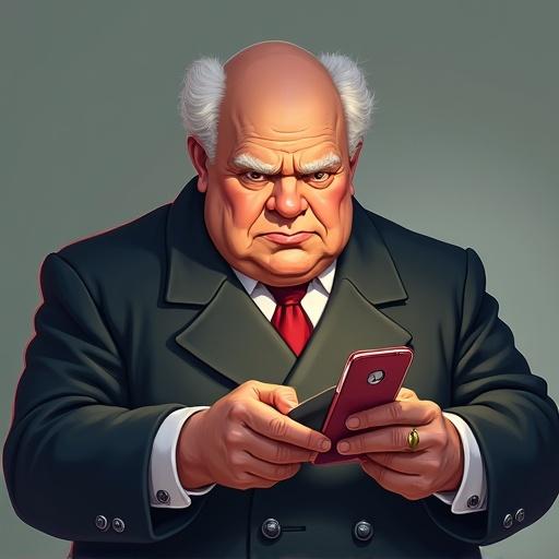 2D game art style character resembling Winston Churchill, older man, holding a smartphone, dressed in formal attire, expression serious or focused, illustration for mobile game.