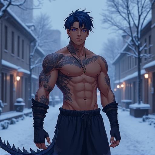 Handsome character with caramel brown skin and indigo spiky hair. Dark violet eyes and black bandages around arms. Muscular torso with tattoos. Wears black and fluorescent purple shorts and matching sneakers. Dragon tail and black-purple ears. Playfully scratching head under cherry blossom tree in snowy city. Anime style in 3D.
