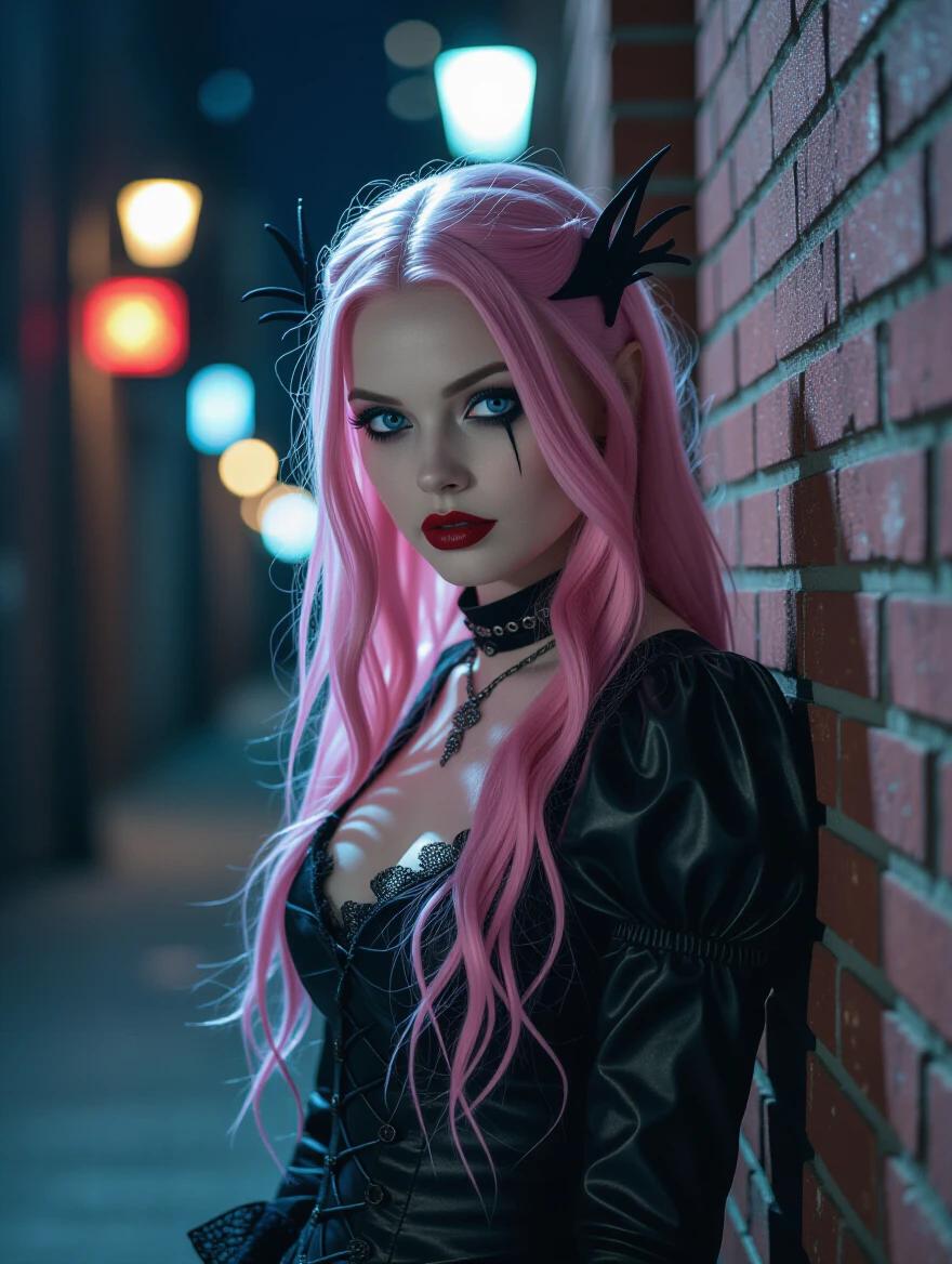 Nighttime photo depicts a captivating gothic-themed woman with pink hair and blue tips. Styled as a vampire influenced by Underworld films. Urban alley setting is prominent. Gothic atmosphere enhances the overall scene. Woman wears a dramatic gothic outfit. Dark moody lighting adds a chilling effect.