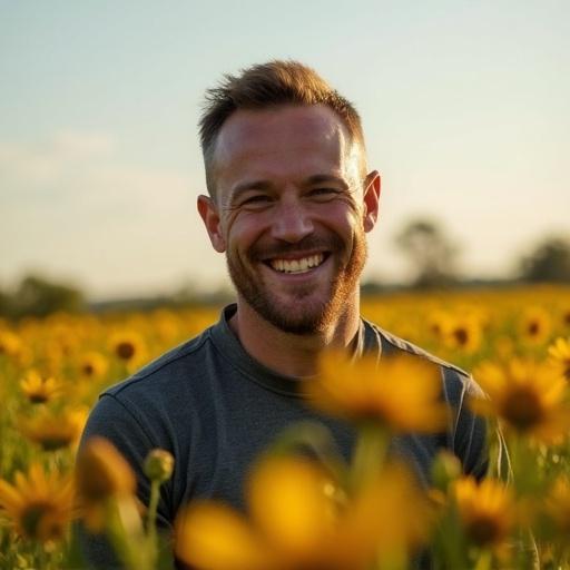 Man smiling in a sunflower field during golden hour with a warm ambiance. Cheerful expression with flowers in the background.