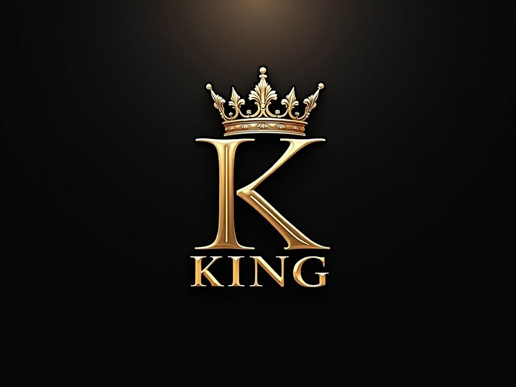 This image features a luxurious logo design. The dominant colors are black and gold. At the center, a stylized letter 'K' is displayed prominently. Above the 'K' sits an ornate crown, symbolizing royalty and grandeur. Below the 'K', the word 'KING' is elegantly written in gold, reinforcing the royal theme. This design is perfect for brands that want to convey a sense of luxury and prestige. Its clean lines and polished finish make it visually appealing.