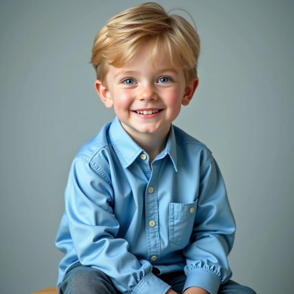 Handsome youth boy sits on a stool. He wears a bright satin light blue shirt. The child's expression is joyful. Background is softly lit. The boy looks forward.